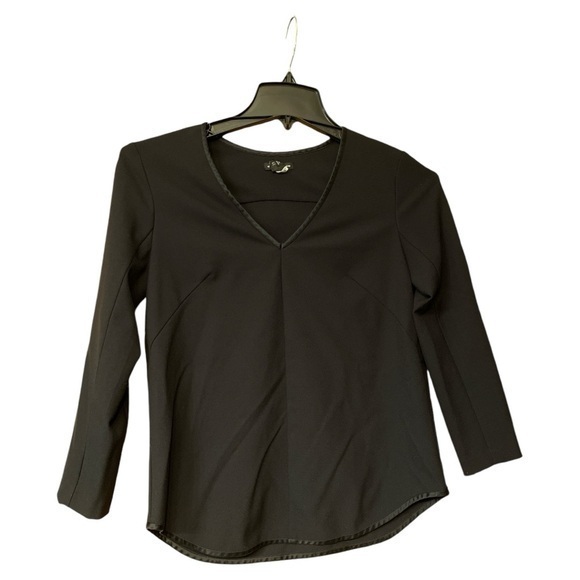 Club Monaco Womens Black V Neck Fitted Blouse Top Long Sleeve Satin Trim Size XS - Picture 1 of 7